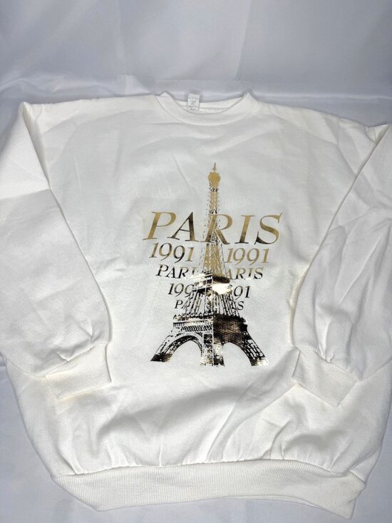 Gildan Tops - Paris Eiffel Tower Graphic Sweatshirt 1991 White Gold Unisex Crewneck Pullover L
